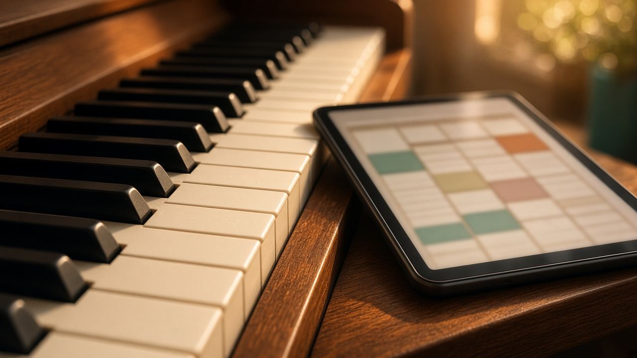 Klaviertasten und ein Tablet mit Stundenplan in warmem Licht